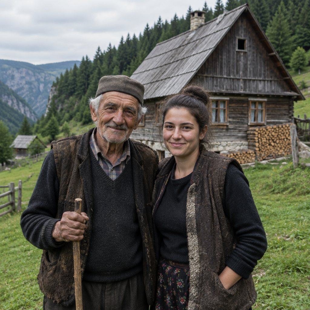 Mještani ispred stare drvene kuće u Lever Tari