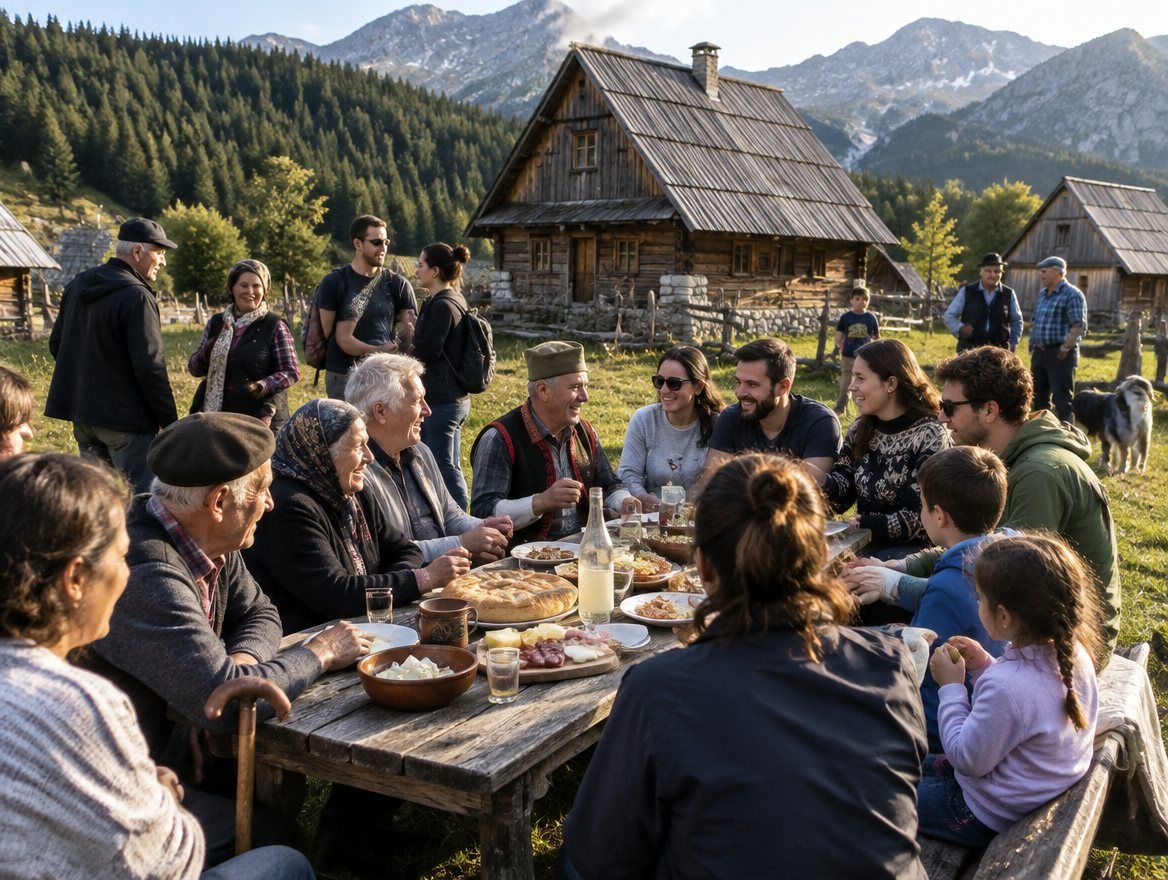 Mještani i prijatelji sela za zajedničkim stolom na livadi u Lever Tari